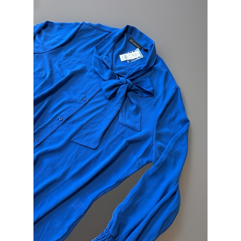 NWT New York & Company XXL Royal Blue Tie Neck Blouse Long Sleeve Women's Top - Picture 2 of 9